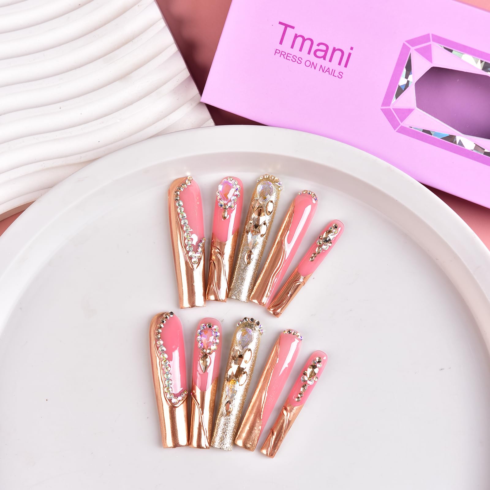 Tmani 10pc Extra Long Handmade Press-On Nails – Ballet Square Tips with Diamond Glitter