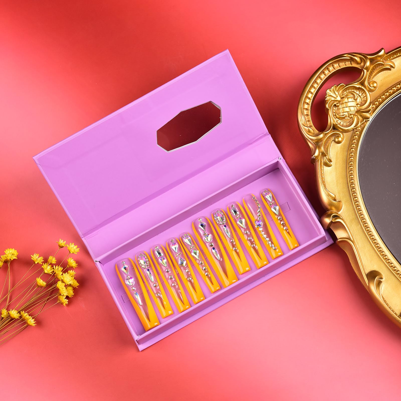 Tmani 10pc Extra Long Handmade Press-On Nails – Diamond Glitter Square Tips