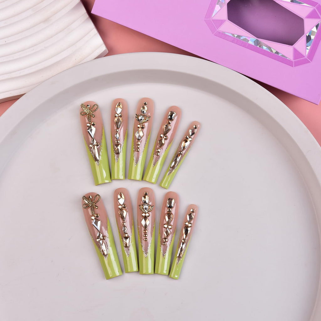 Tmani 10pc Extra Long Handmade Press-On Nails – Diamond Glitter Square Tips