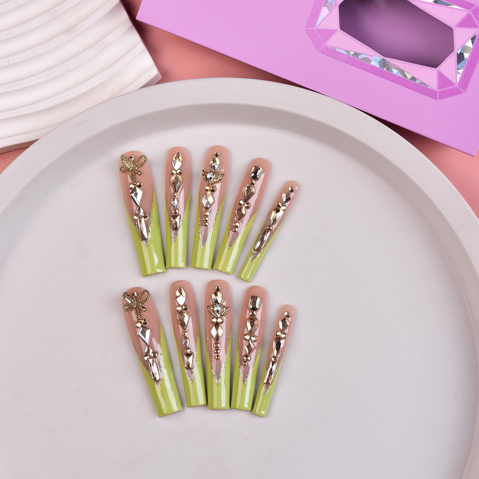Tmani 10pc Extra Long Handmade Press-On Nails – Diamond Glitter Square Tips