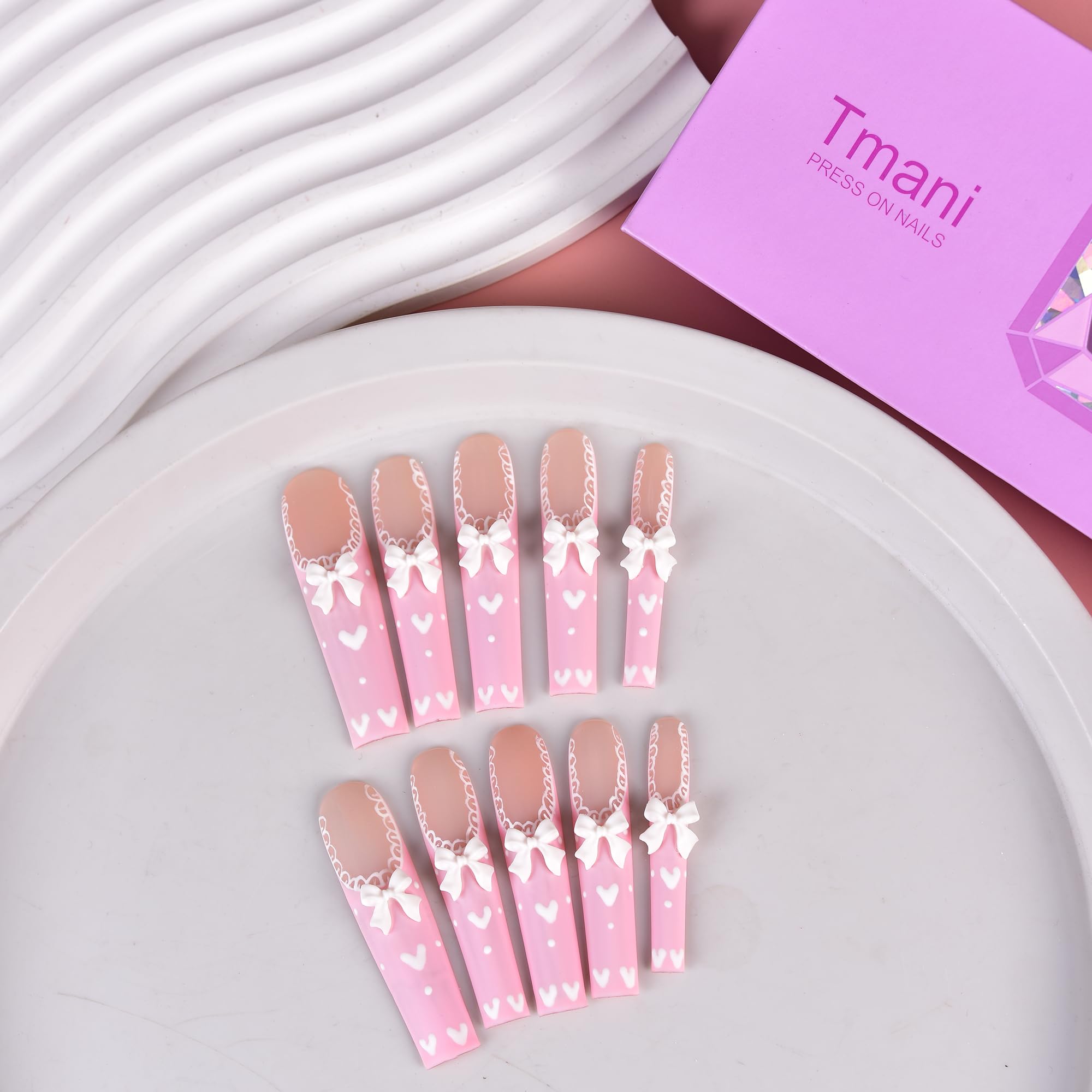 Tmani 10pc Extra Long Handmade Press-On Nails – Ballet-Square, Diamond Glitter