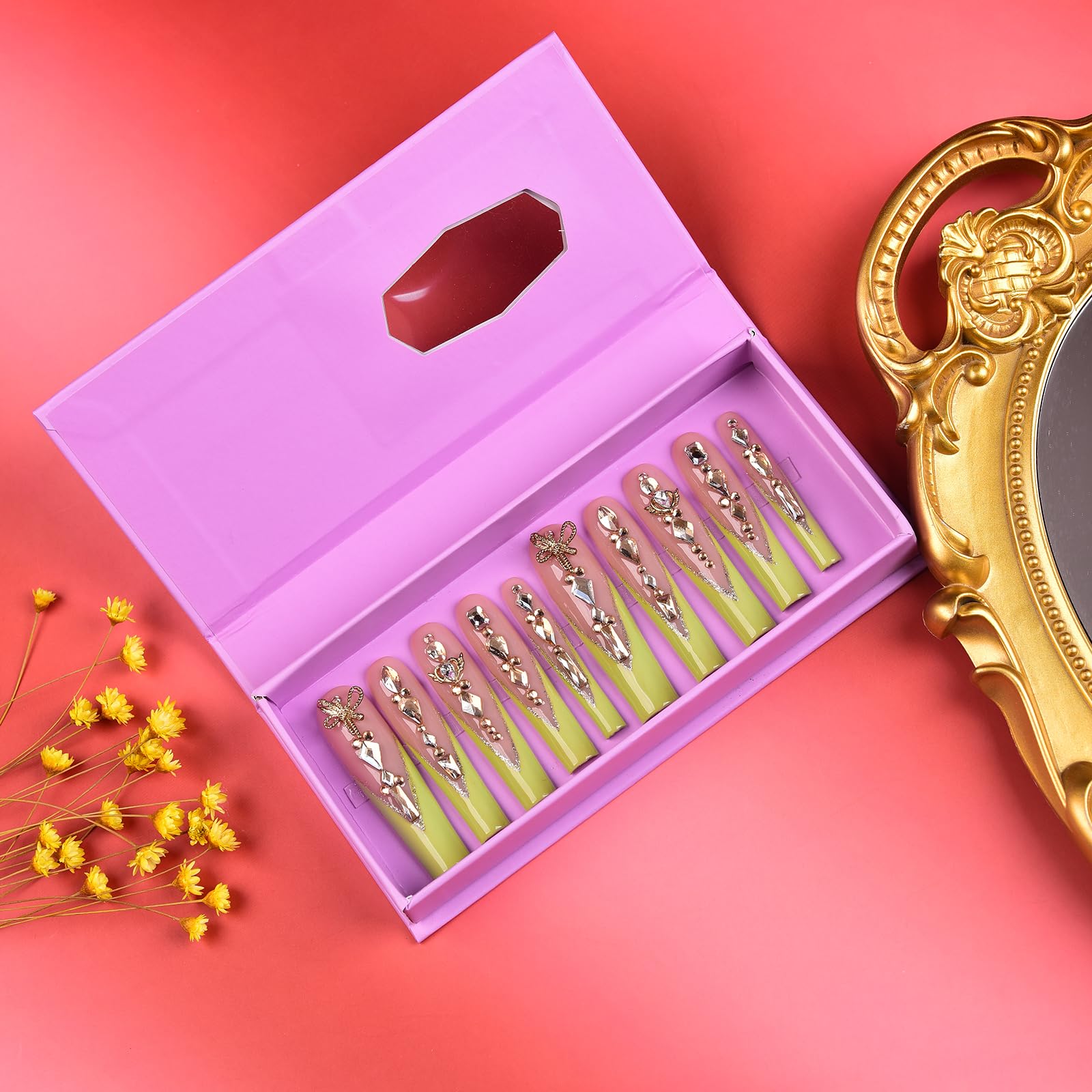 Tmani 10pc Extra Long Handmade Press-On Nails – Diamond Glitter Square Tips for Party & Gift