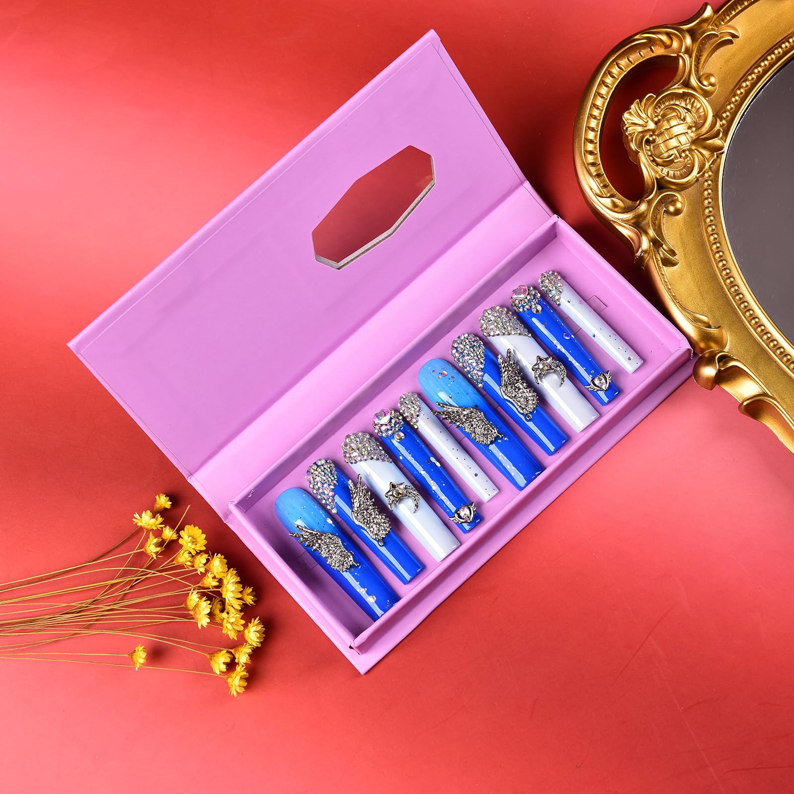 Tmani 10pc Extra Long Handmade Press-On Nails – Square Glitter Diamond Decor
