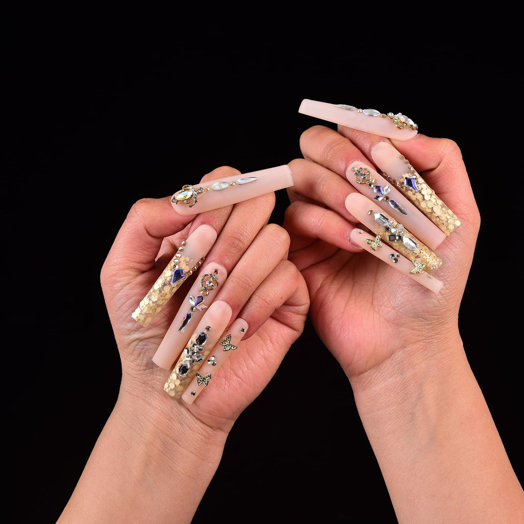 Tmani 10pc Extra Long Handmade Press-On Nails - Long Square Diamond Glitter (Size-L)