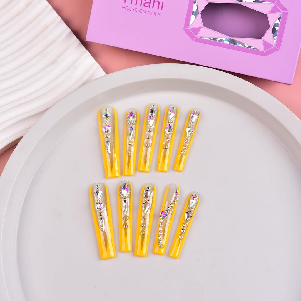 Tmani 10pc Extra Long Handmade Press-On Nails – Diamond Glitter Square Tips