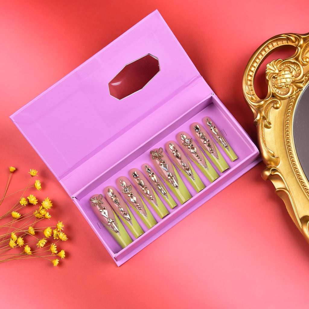 Tmani 10pc Extra Long Handmade Press-On Nails – Diamond Glitter Square Tips