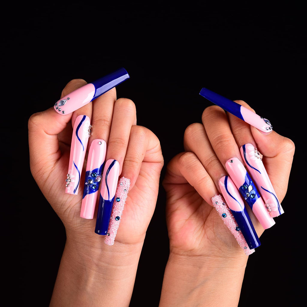 Tmani 10pc Extra-Long Handmade Press-On Nails – Square Glitter Crystal, Purple Case