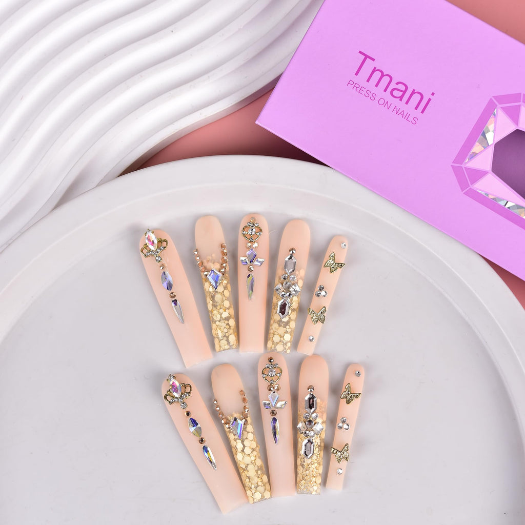 Tmani 10pc Extra Long Handmade Press-On Nails - Long Square Diamond Glitter (Size-L)