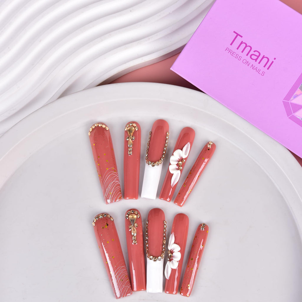 Tmani 10pc Extra Long Handmade Press-On Nails – Diamond Glitter, Ballet Square