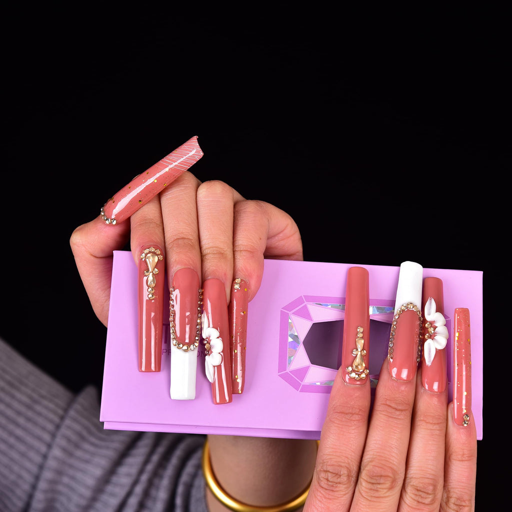 Tmani 10pc Extra Long Handmade Press-On Nails – Diamond Glitter, Ballet Square