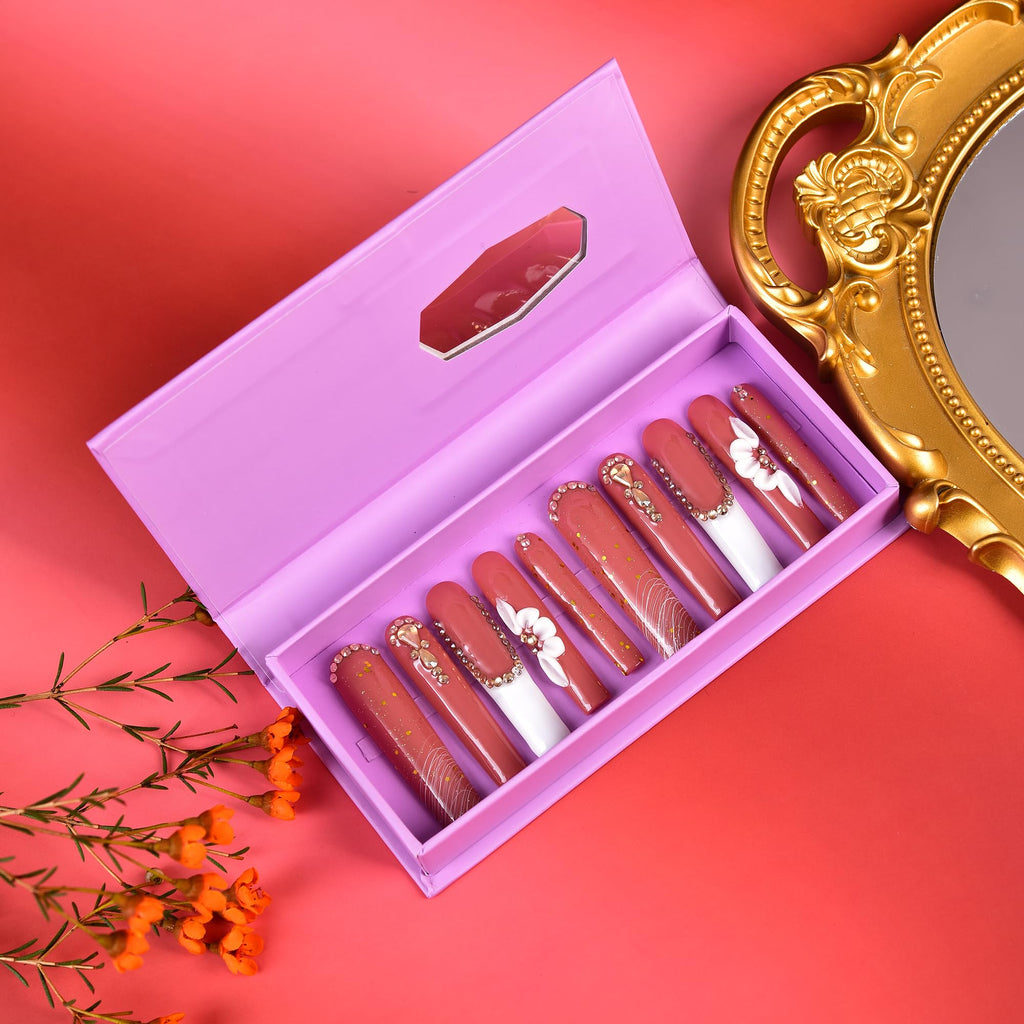 Tmani 10pc Extra Long Handmade Press-On Nails – Diamond Glitter, Ballet Square