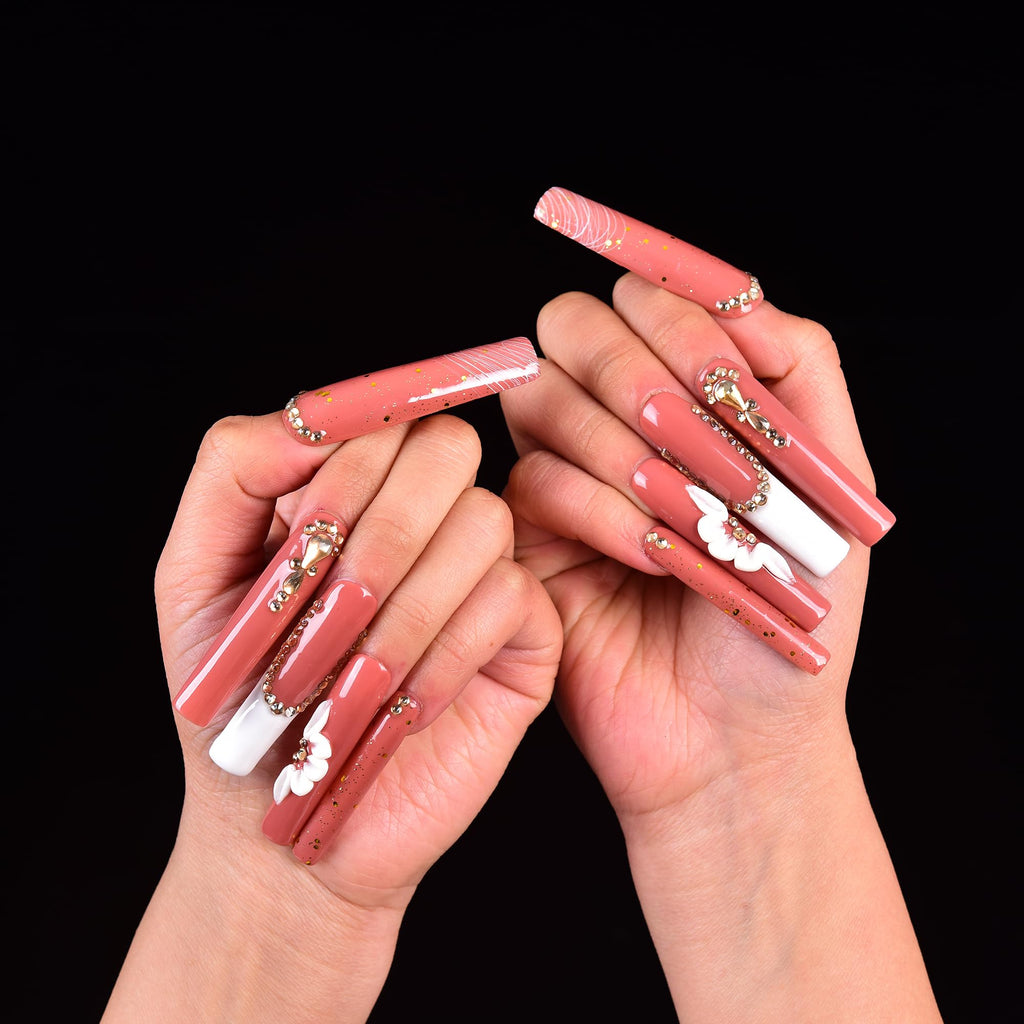 Tmani 10pc Extra Long Handmade Press-On Nails – Diamond Glitter, Ballet Square