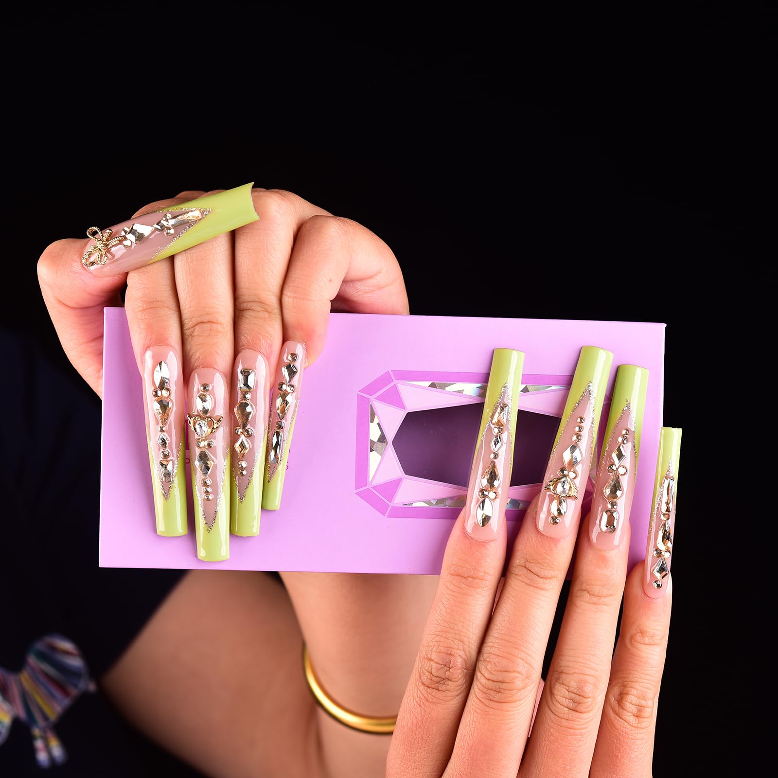 Tmani 10pc Extra Long Handmade Press-On Nails – Diamond Glitter Square Tips for Party & Gift