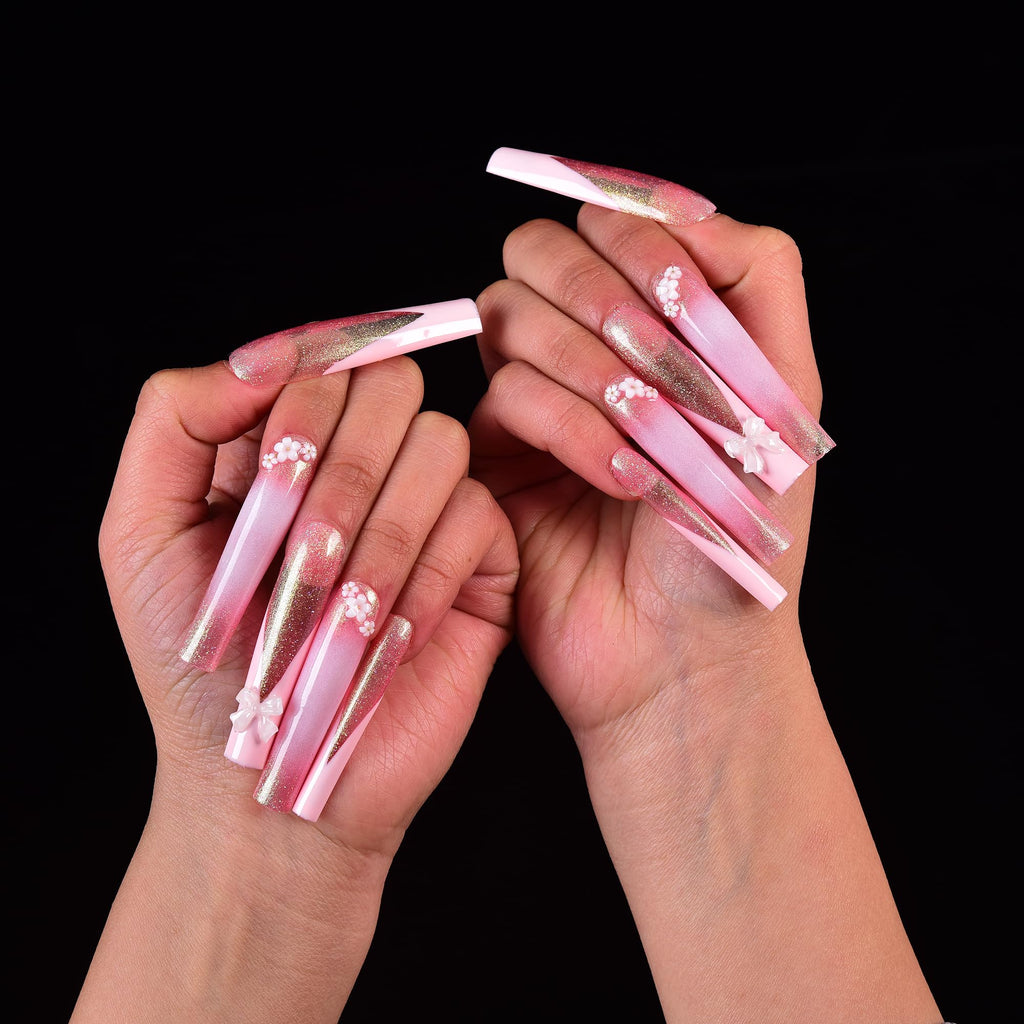 Tmani 10pc Extra Long Handmade Press-On Nails – Ballet Square with Diamond Glitter