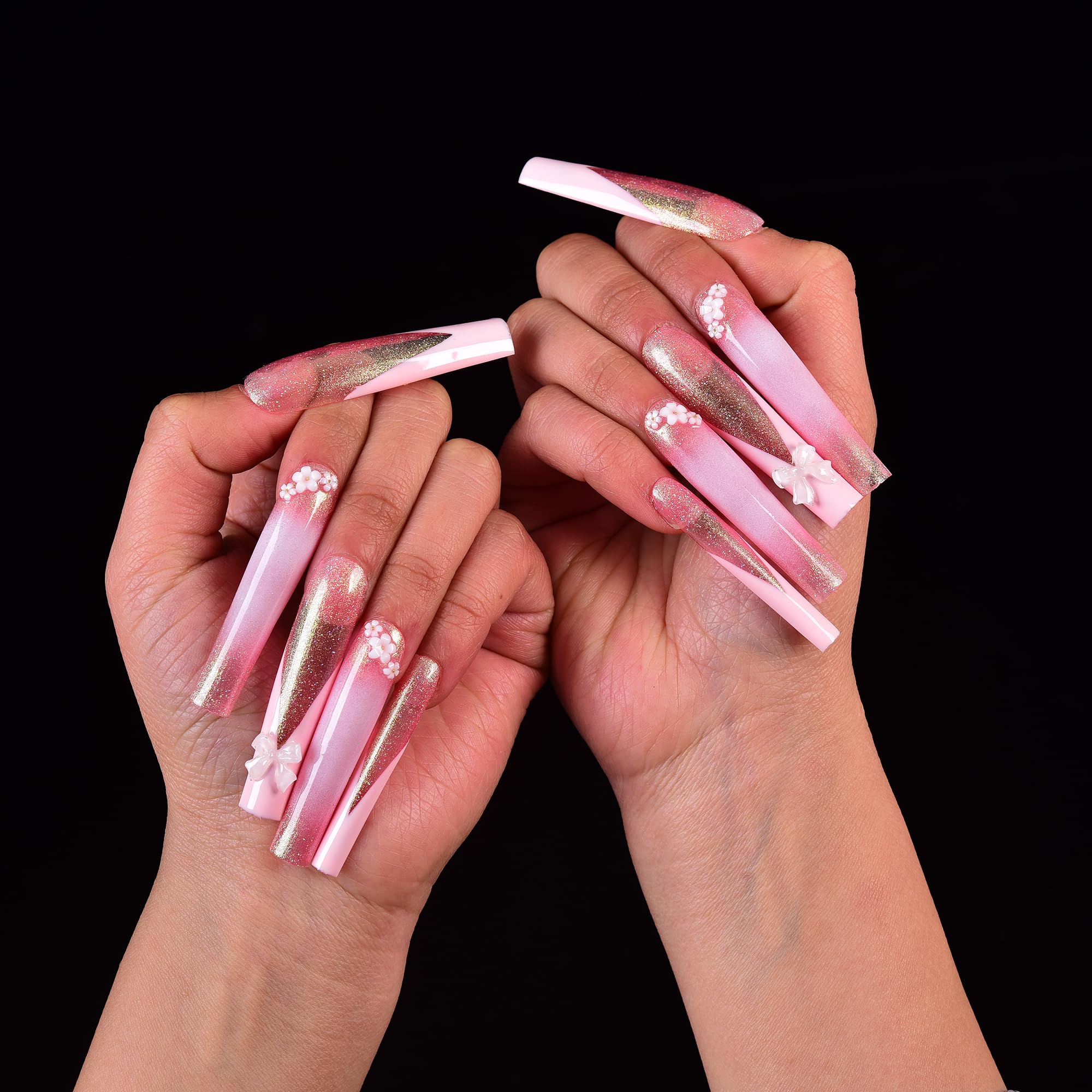 Tmani 10pc Extra Long Handmade Press-On Nails – Ballet Square with Diamond Glitter
