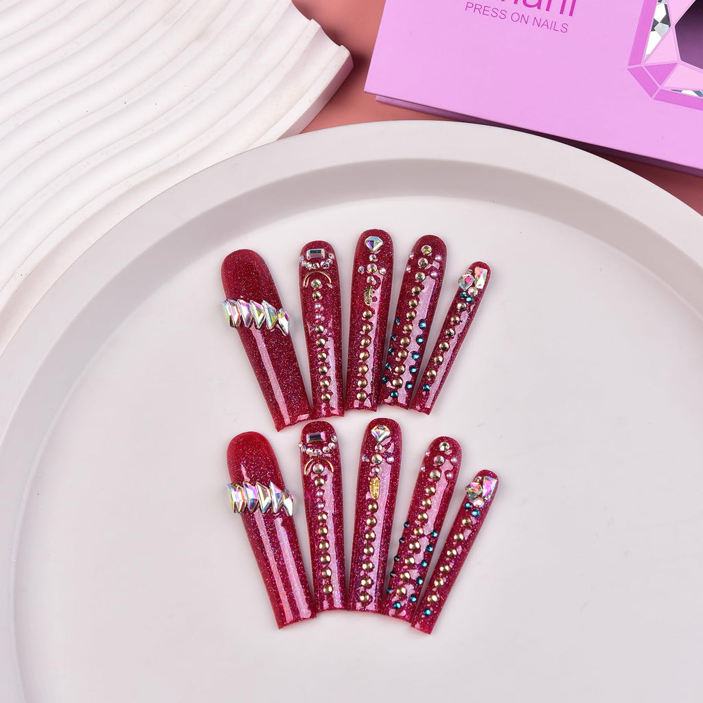 Tmani 10pc Extra Long Handmade Press-On Nails – Square Ballet Nails with Diamond Glitter