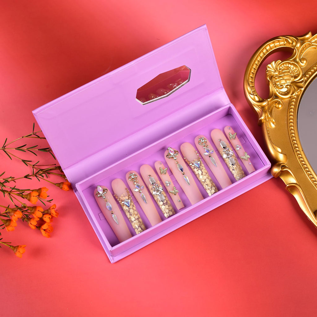 Tmani 10pc Extra Long Handmade Press-On Nails - Long Square Diamond Glitter (Size-L)