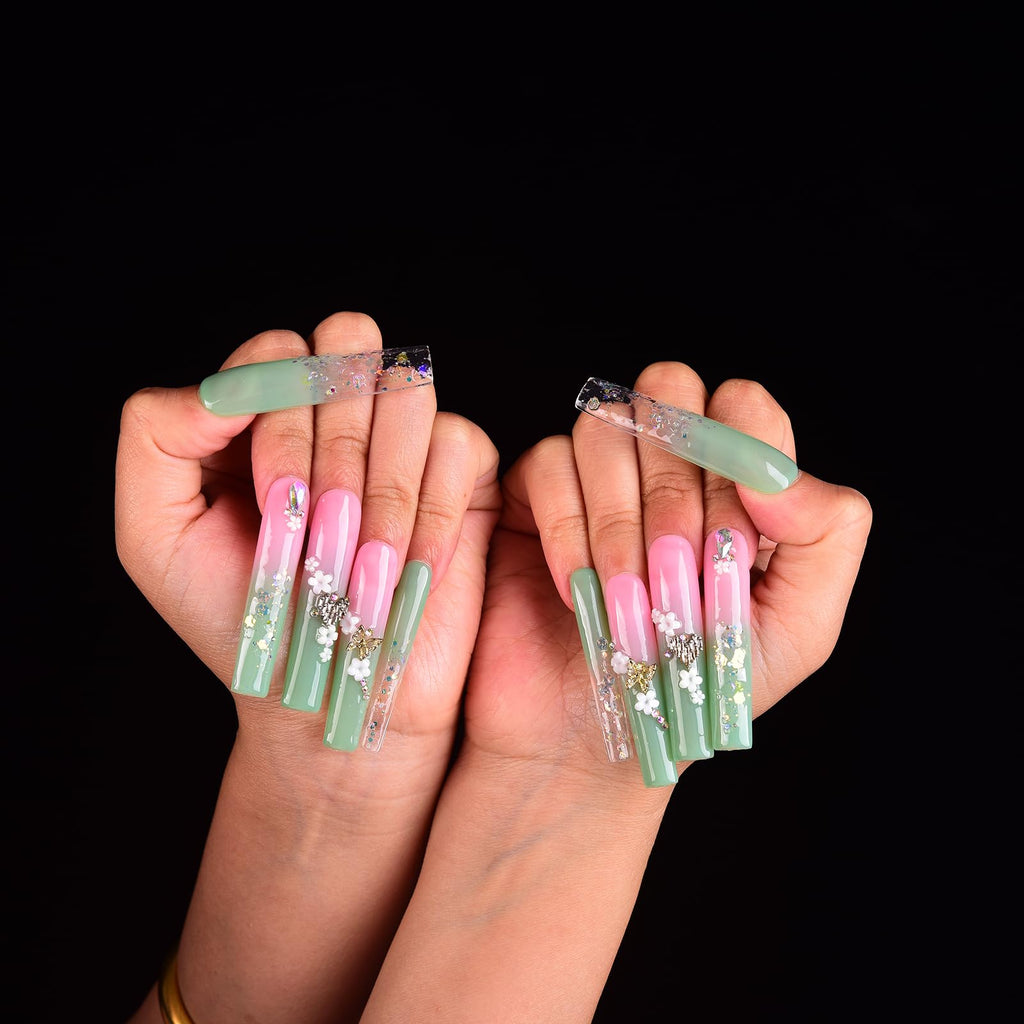 Tmani 10pc Extra Long Handmade Press-On Nails – Diamond Glitter Square Tips