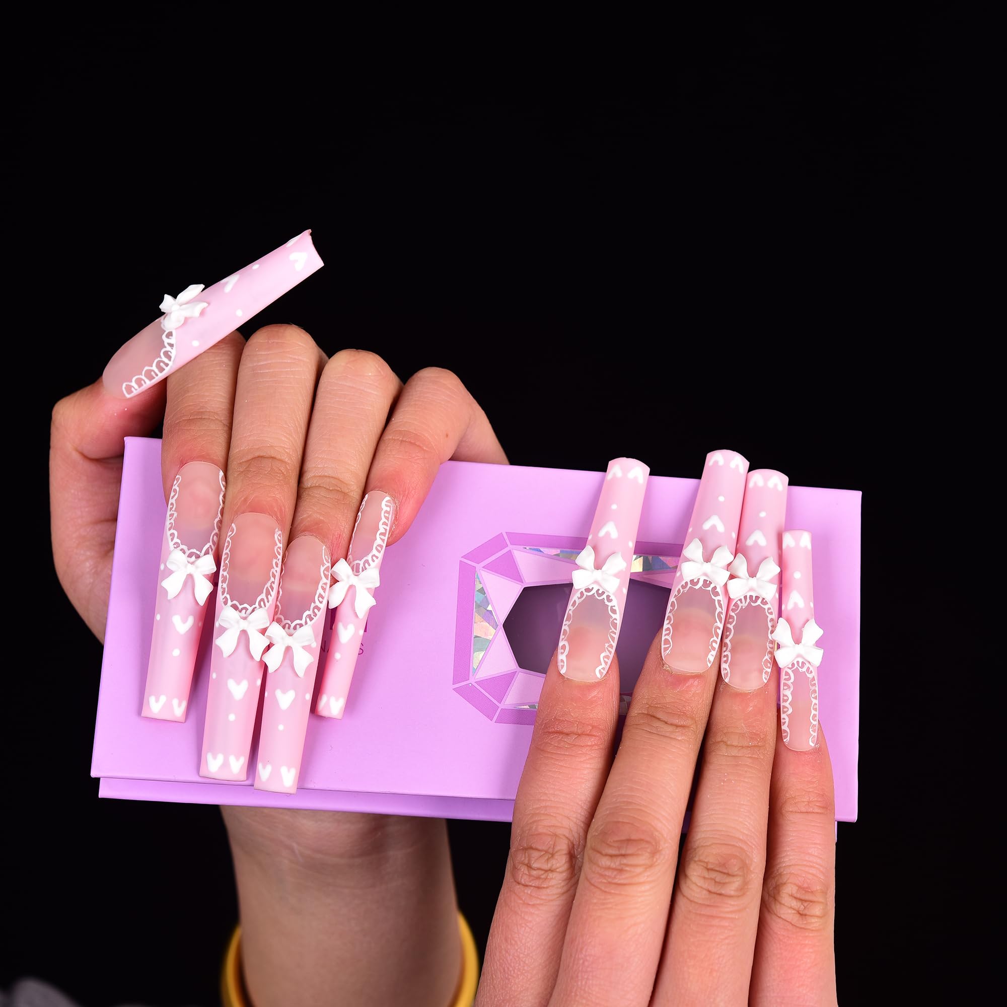 Tmani 10pc Extra Long Handmade Press-On Nails – Ballet-Square, Diamond Glitter
