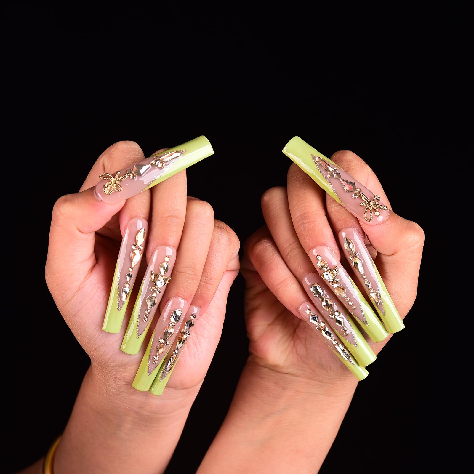 Tmani 10pc Extra Long Handmade Press-On Nails – Diamond Glitter Square Tips for Party & Gift