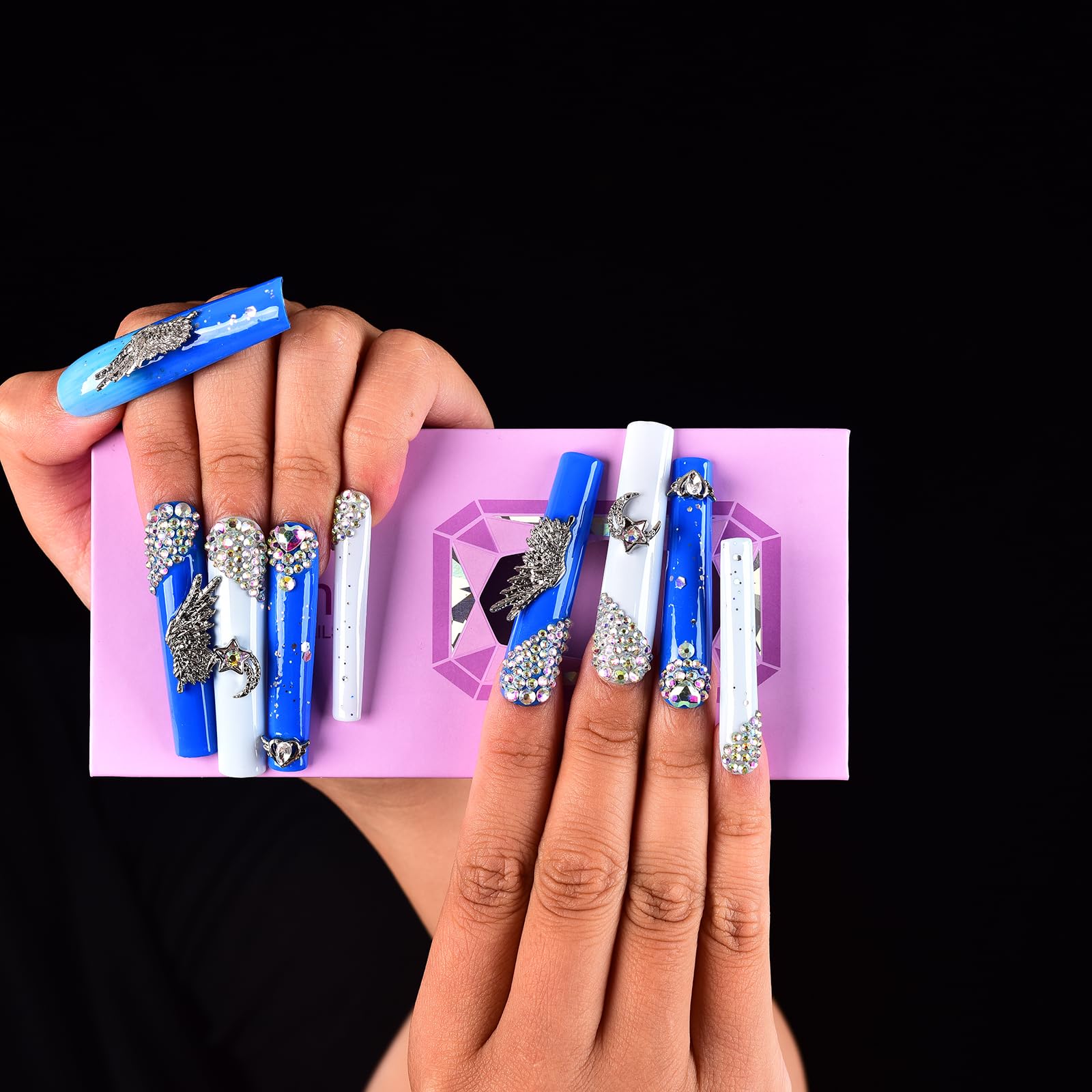 Tmani 10pc Extra Long Handmade Press-On Nails – Square Glitter Diamond Decor