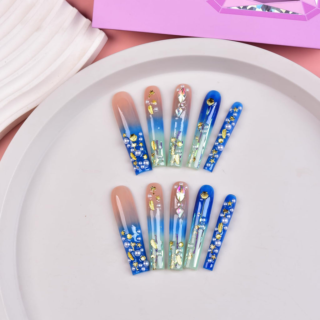 Tmani 10pc Extra Long Handmade Press-On Nails — Square, Diamond Glitter, Purple Case