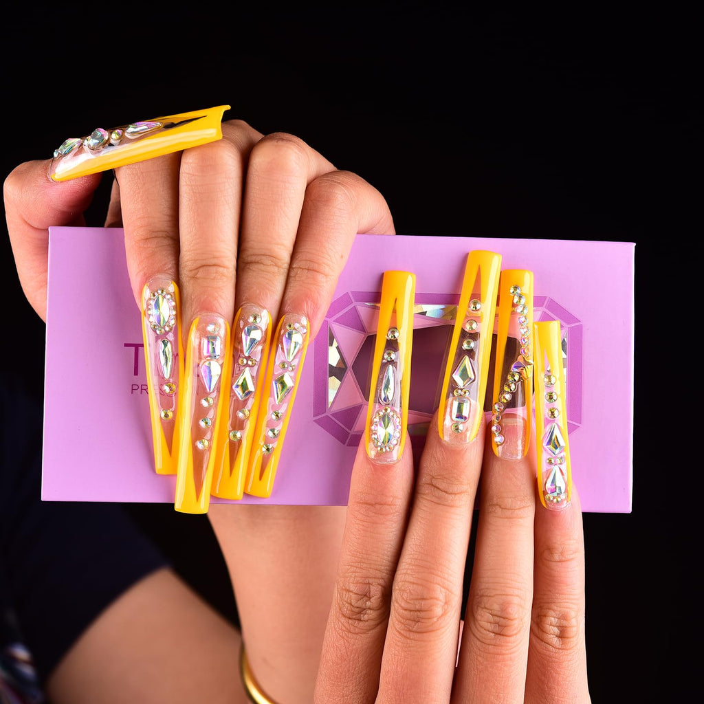 Tmani 10pc Extra Long Handmade Press-On Nails – Diamond Glitter Square Tips