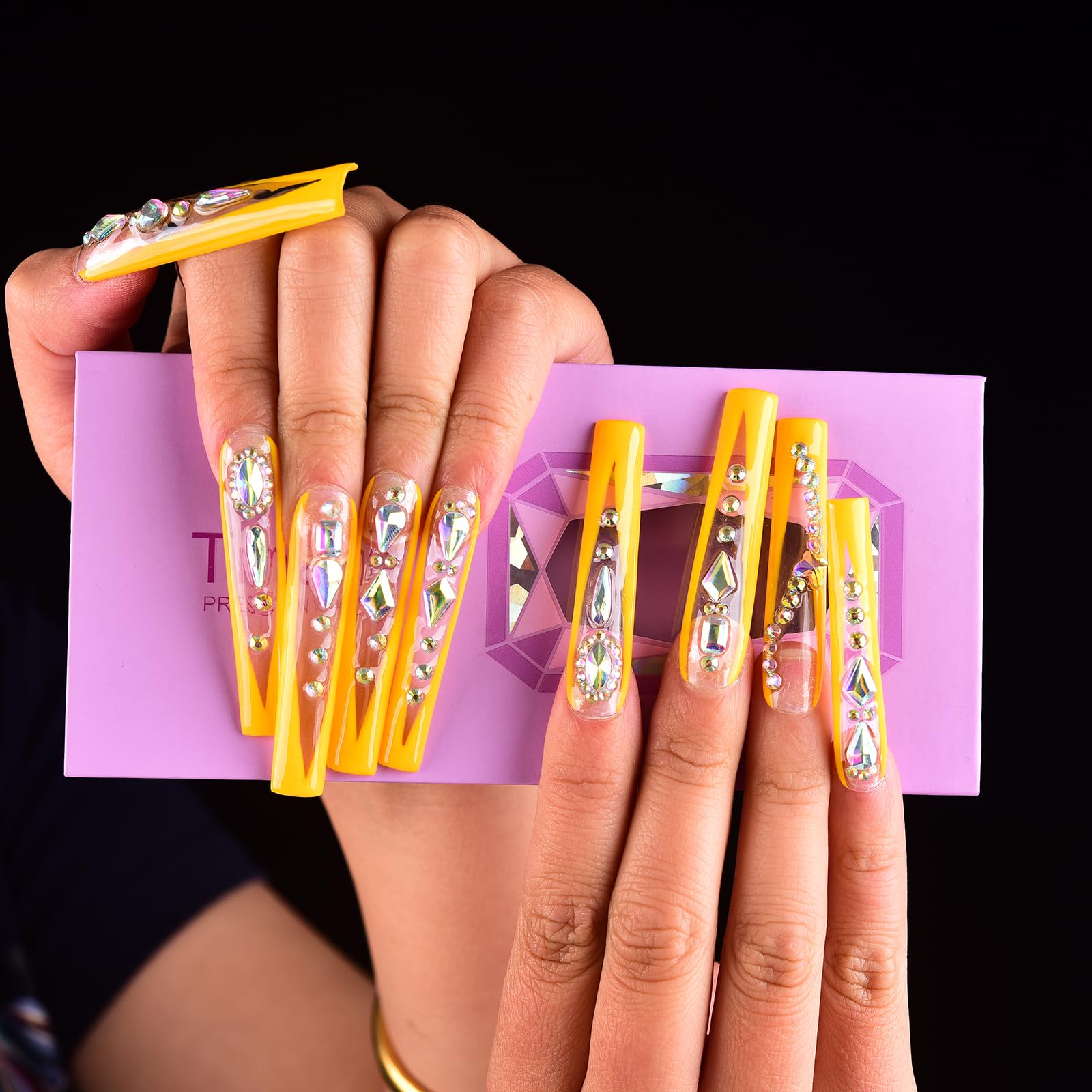 Tmani 10pc Extra Long Handmade Press-On Nails – Diamond Glitter Square Tips