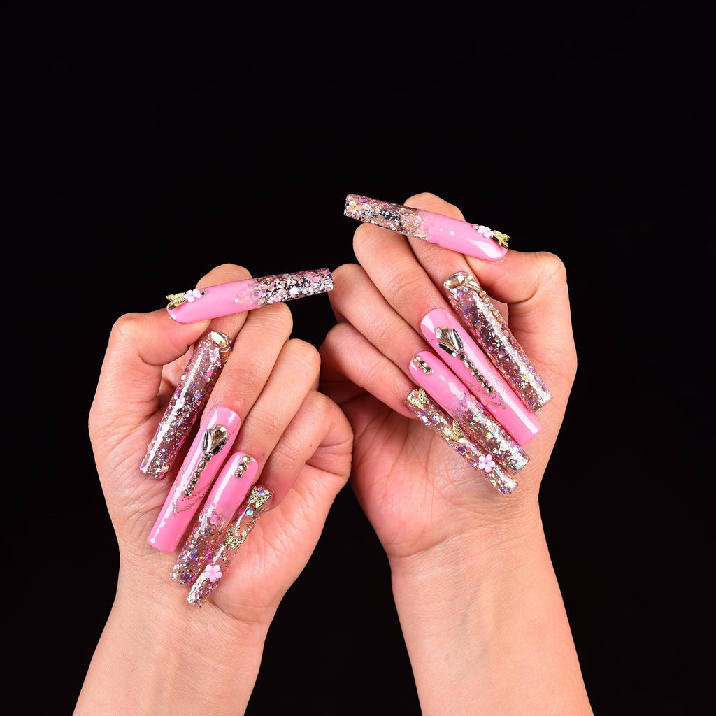 Tmani 10pc Extra Long Handmade Press On Nails – Diamond Glitter, Purple Case