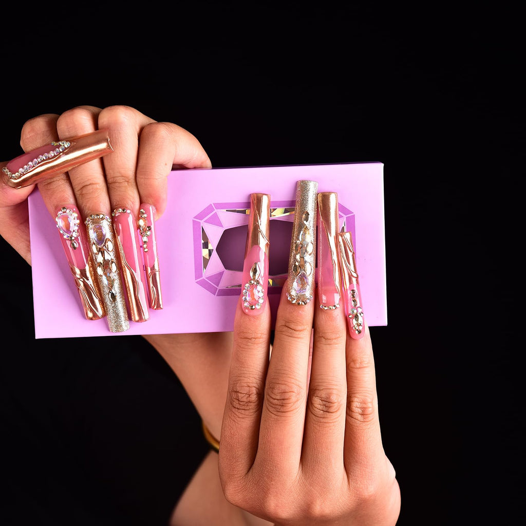 Tmani 10pc Extra Long Handmade Press-On Nails – Ballet Square Tips with Diamond Glitter