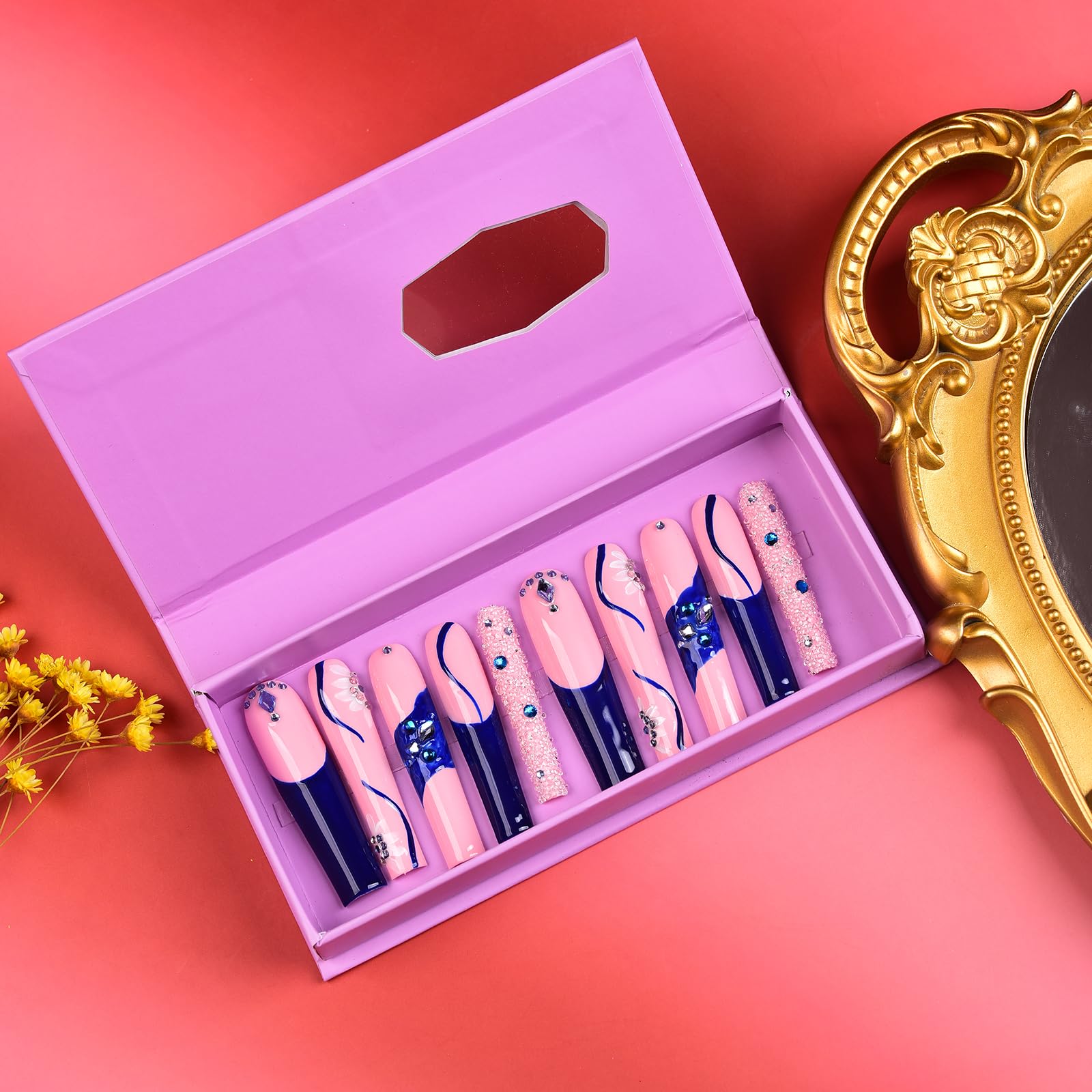 Tmani 10pc Extra-Long Handmade Press-On Nails – Square Glitter Crystal, Purple Case
