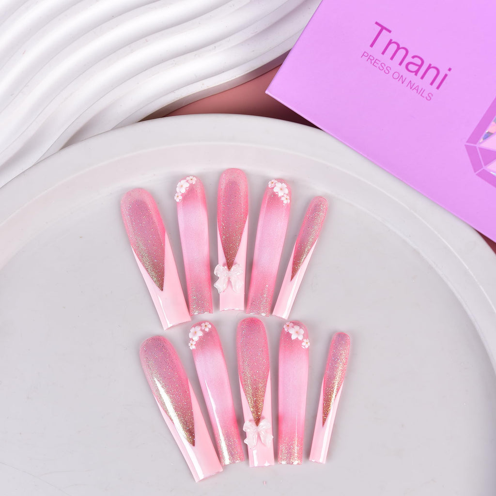 Tmani 10pc Extra Long Handmade Press-On Nails – Ballet Square with Diamond Glitter