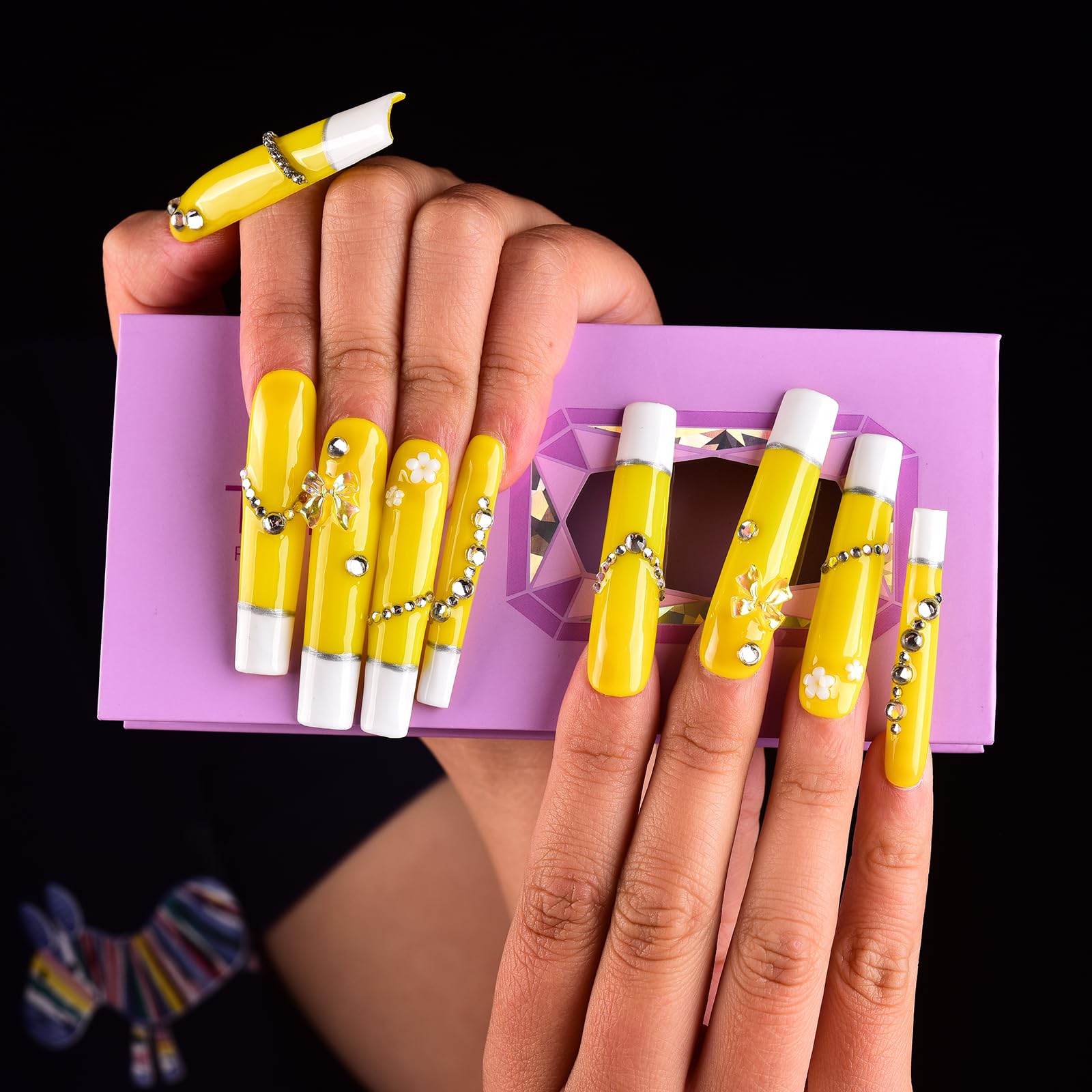 TMANI 10pc Extra Long Handmade Press-On Nails – Diamond Glitter Kit