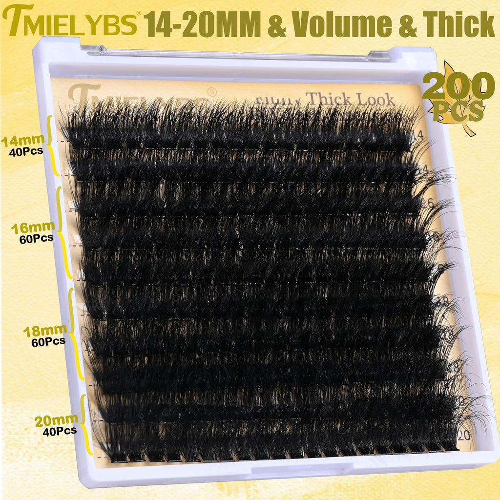 TMIELYBS Thick Lash Clusters Kit 14-20mm D Curl – 200Pcs Wispy Lashes with Bond & Seal