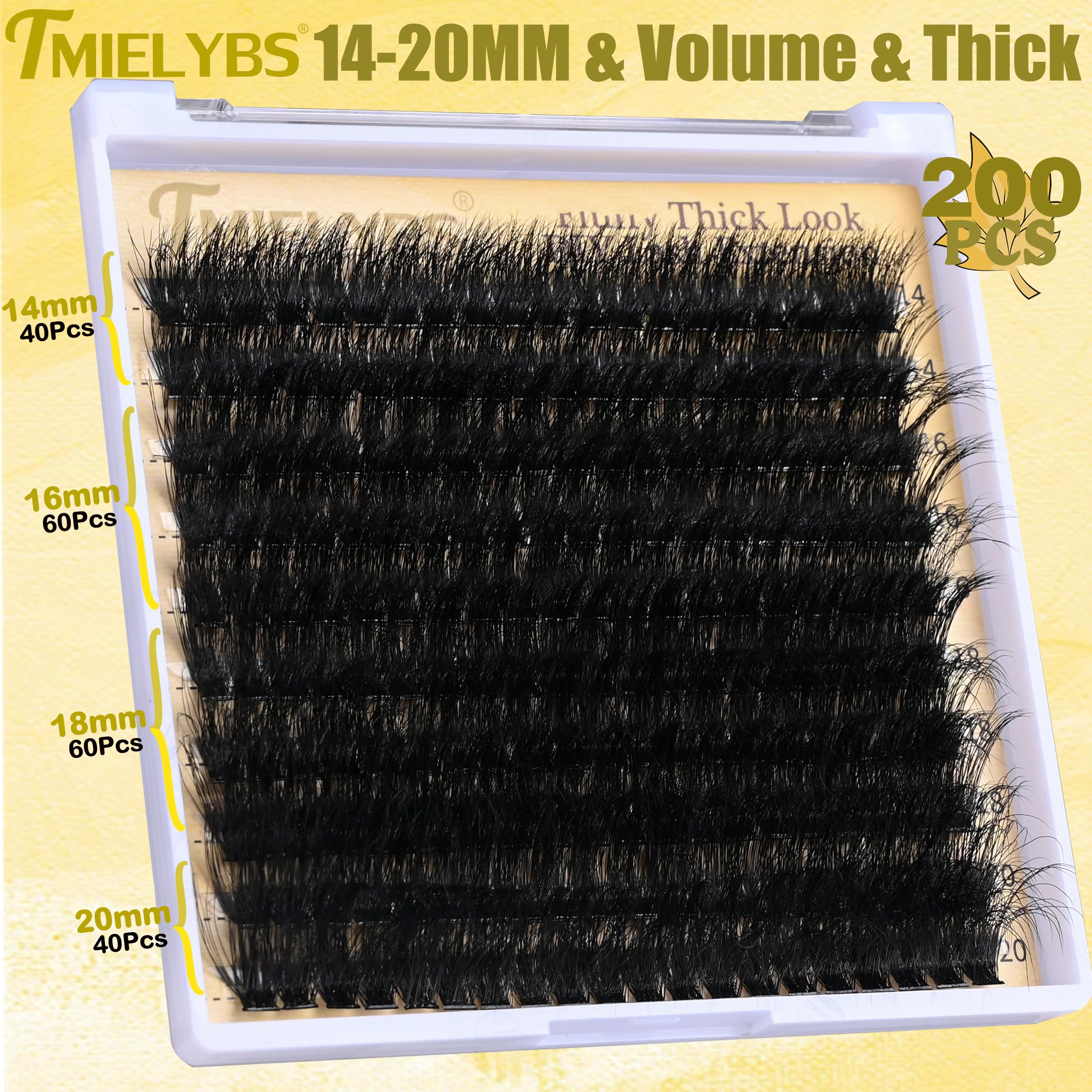 TMIELYBS Thick Lash Clusters Kit 14-20mm D Curl – 200Pcs Wispy Lashes with Bond & Seal