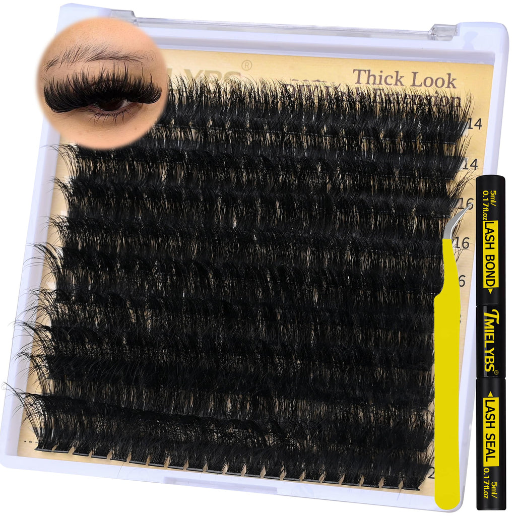 TMIELYBS Thick Lash Clusters Kit 14-20mm D Curl – 200Pcs Wispy Lashes with Bond & Seal