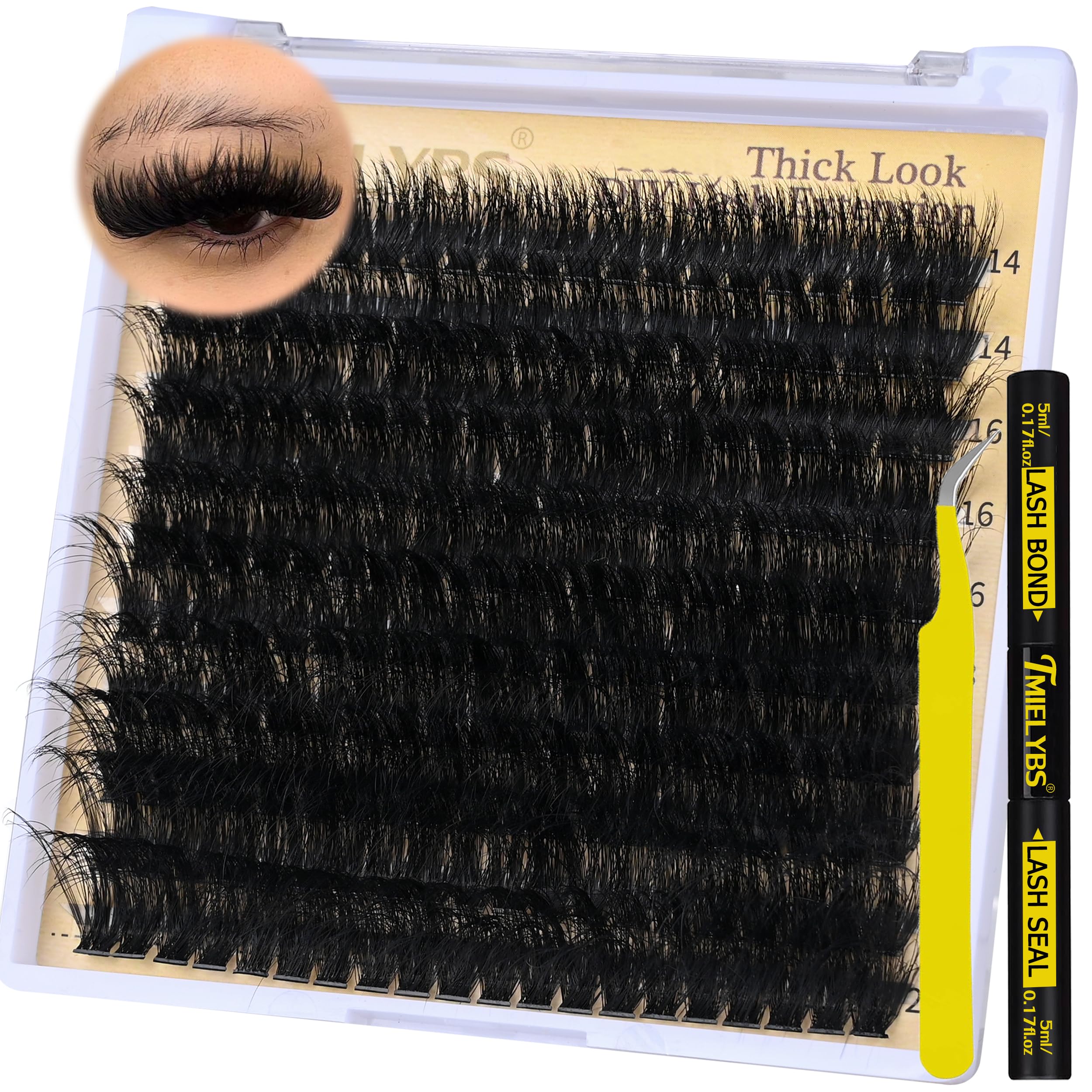 TMIELYBS Thick Lash Clusters Kit 14-20mm D Curl – 200Pcs Wispy Lashes with Bond & Seal