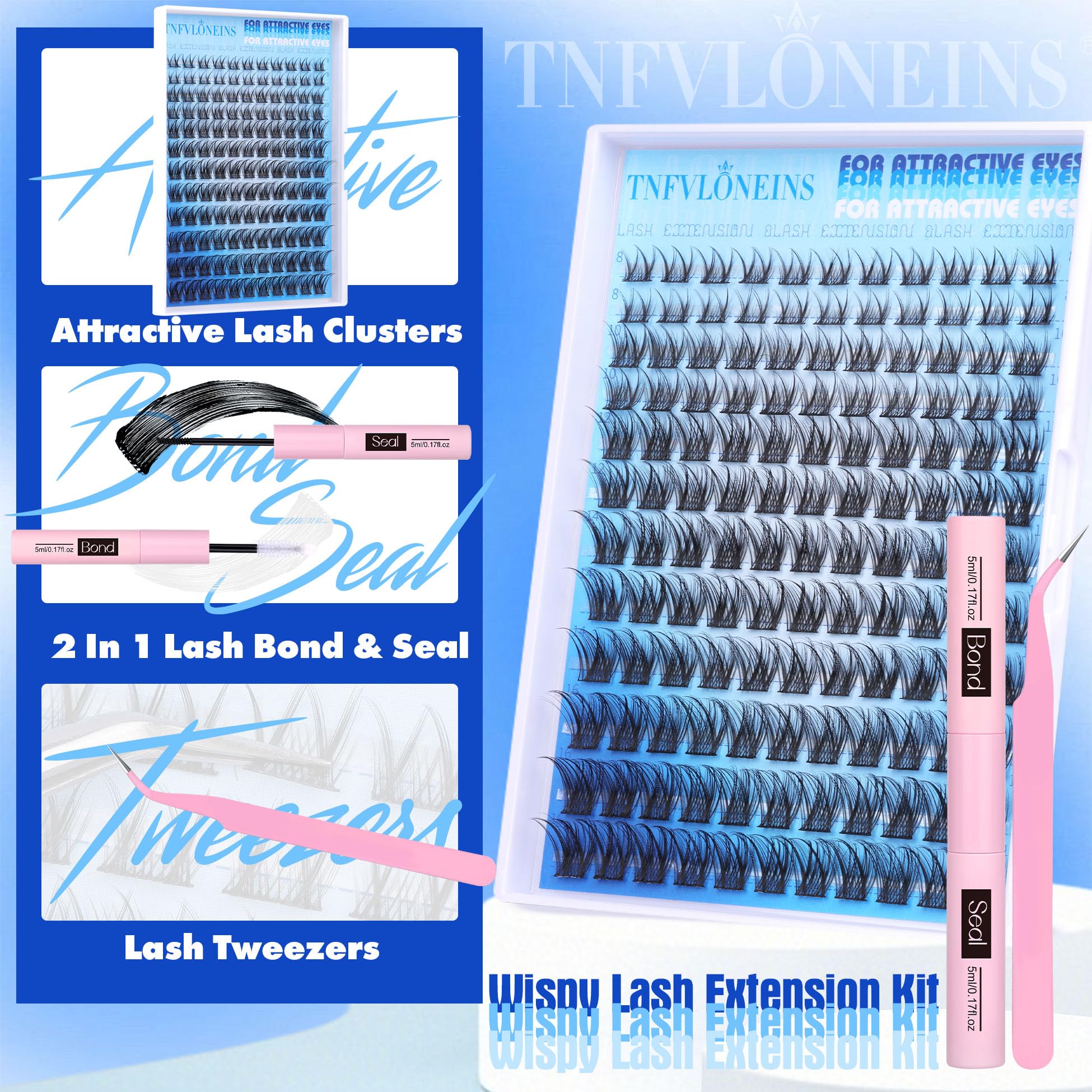 TNFVLONEINS Wispy Lash Extension Kit – Natural Lash Clusters 8–16mm with Bond & Seal