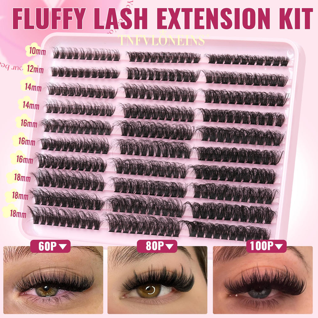 TNFVLONEINS Fluffy Lash Extension Kit 60D/80D/100D – 300Pcs with Bond & Seal and Tweezers