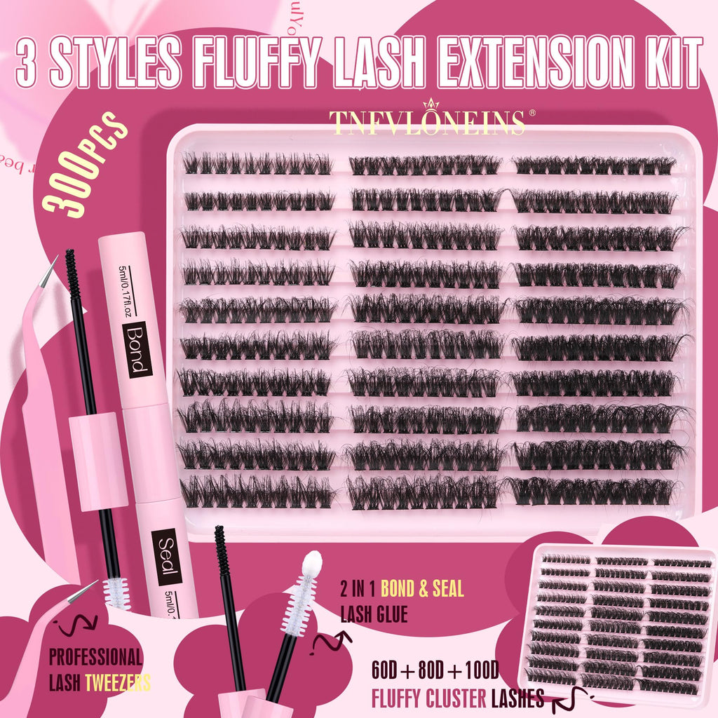 TNFVLONEINS Fluffy Lash Extension Kit 60D/80D/100D – 300Pcs with Bond & Seal and Tweezers