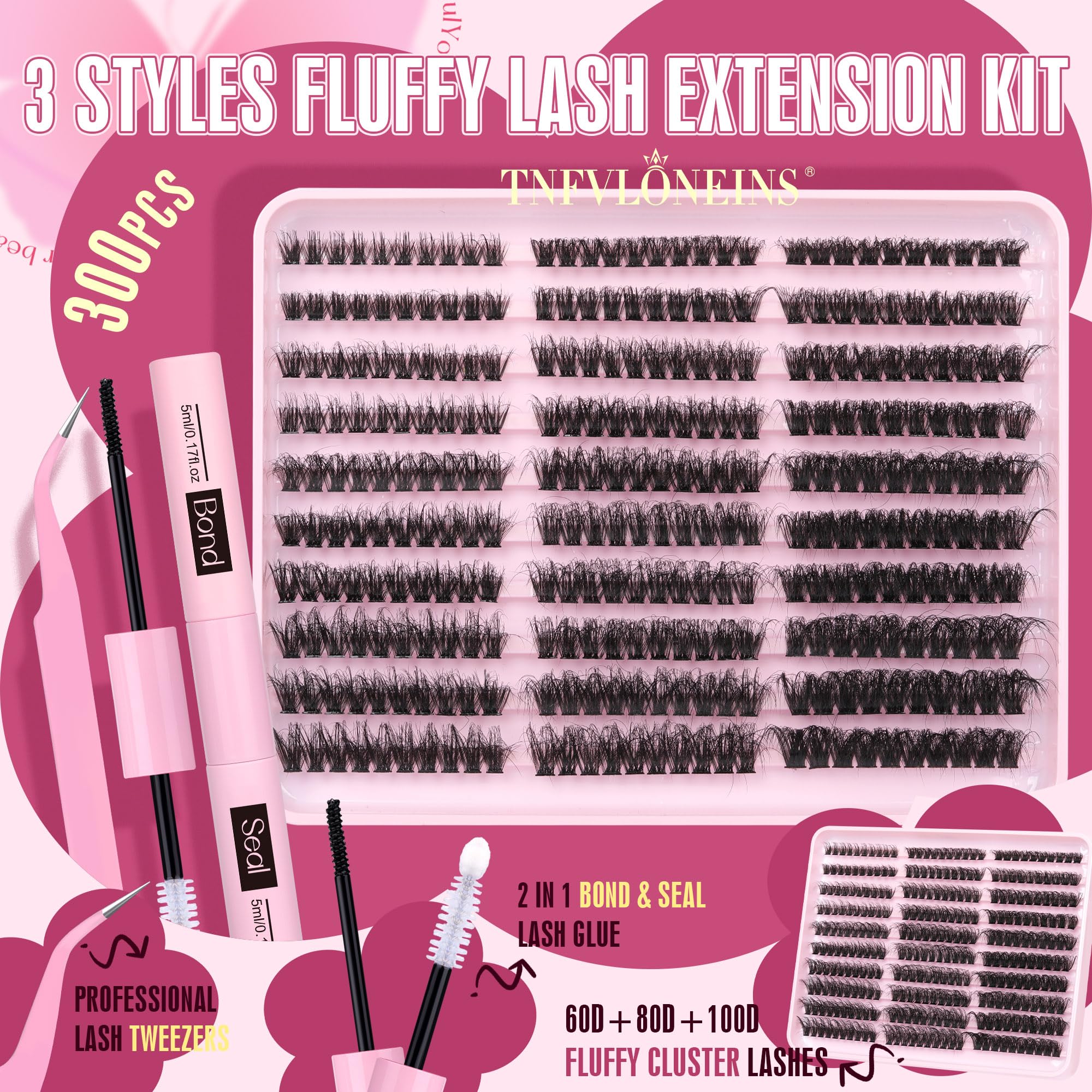 TNFVLONEINS Fluffy Lash Extension Kit 60D/80D/100D – 300Pcs with Bond & Seal and Tweezers