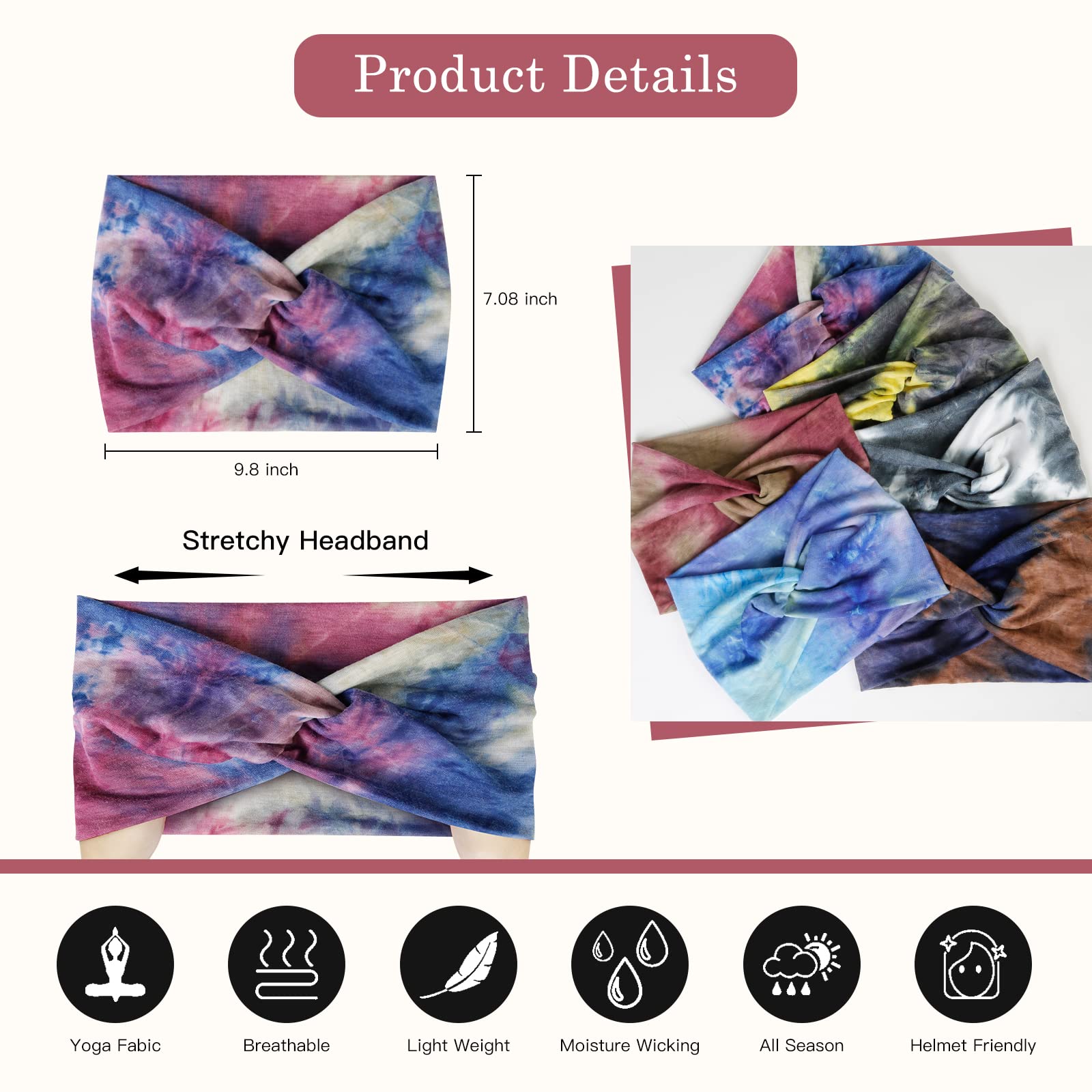 Tobeffect Wide Headbands for Women - Tie-Dye Turban Headbands (6 Pack)