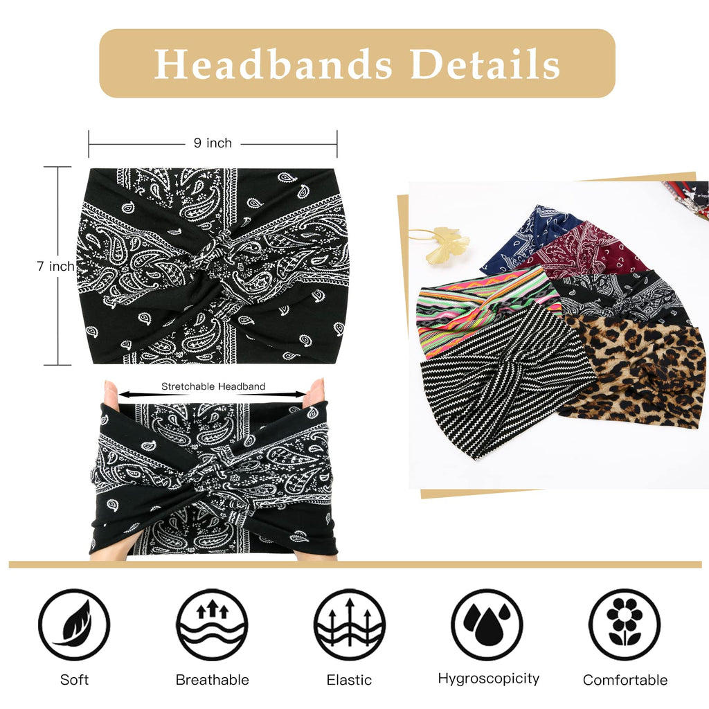 Tobeffect Wide Headbands for Women - 7in Boho Turban Headbands, 6 Pack