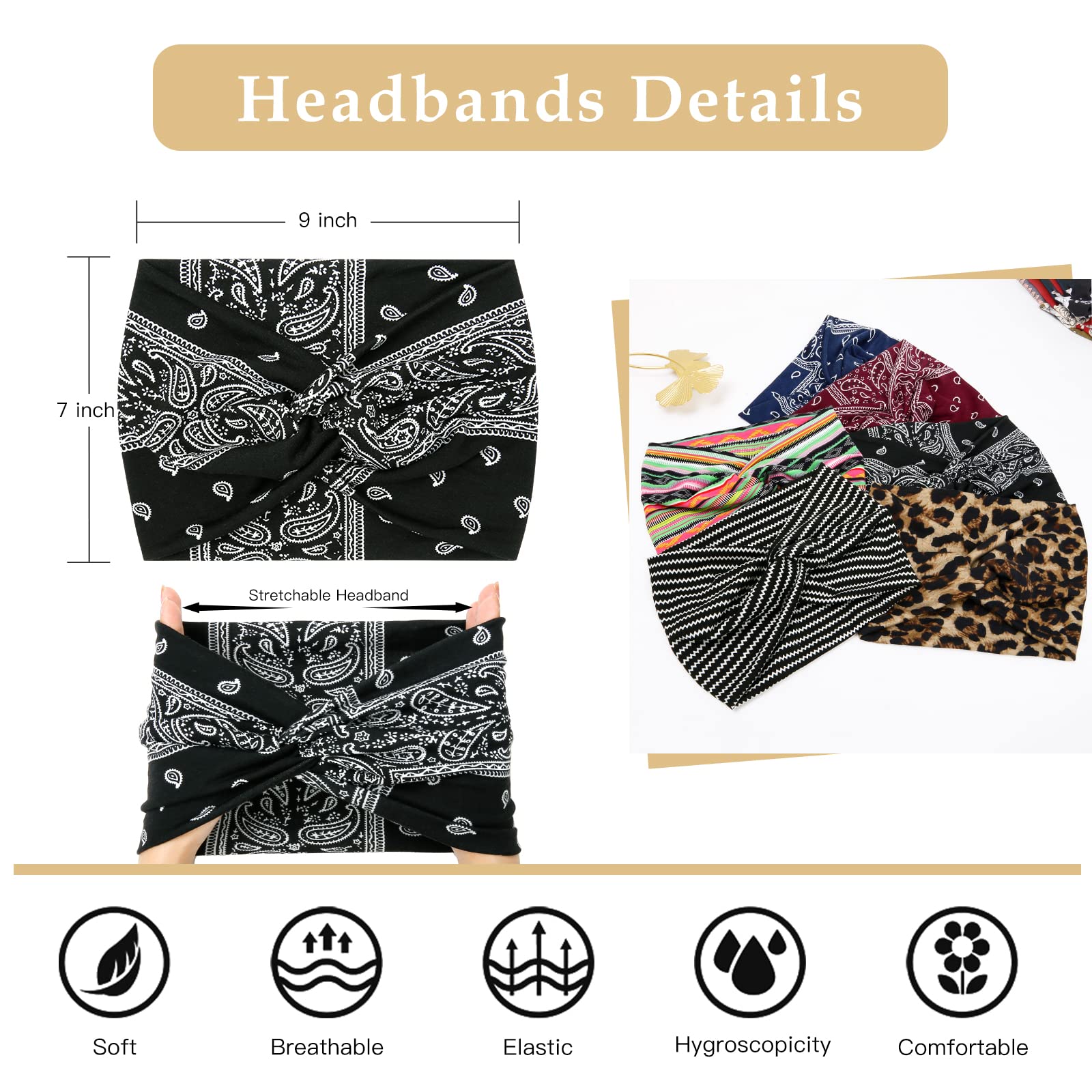 Tobeffect Wide Headbands for Women - 7in Boho Turban Headbands, 6 Pack