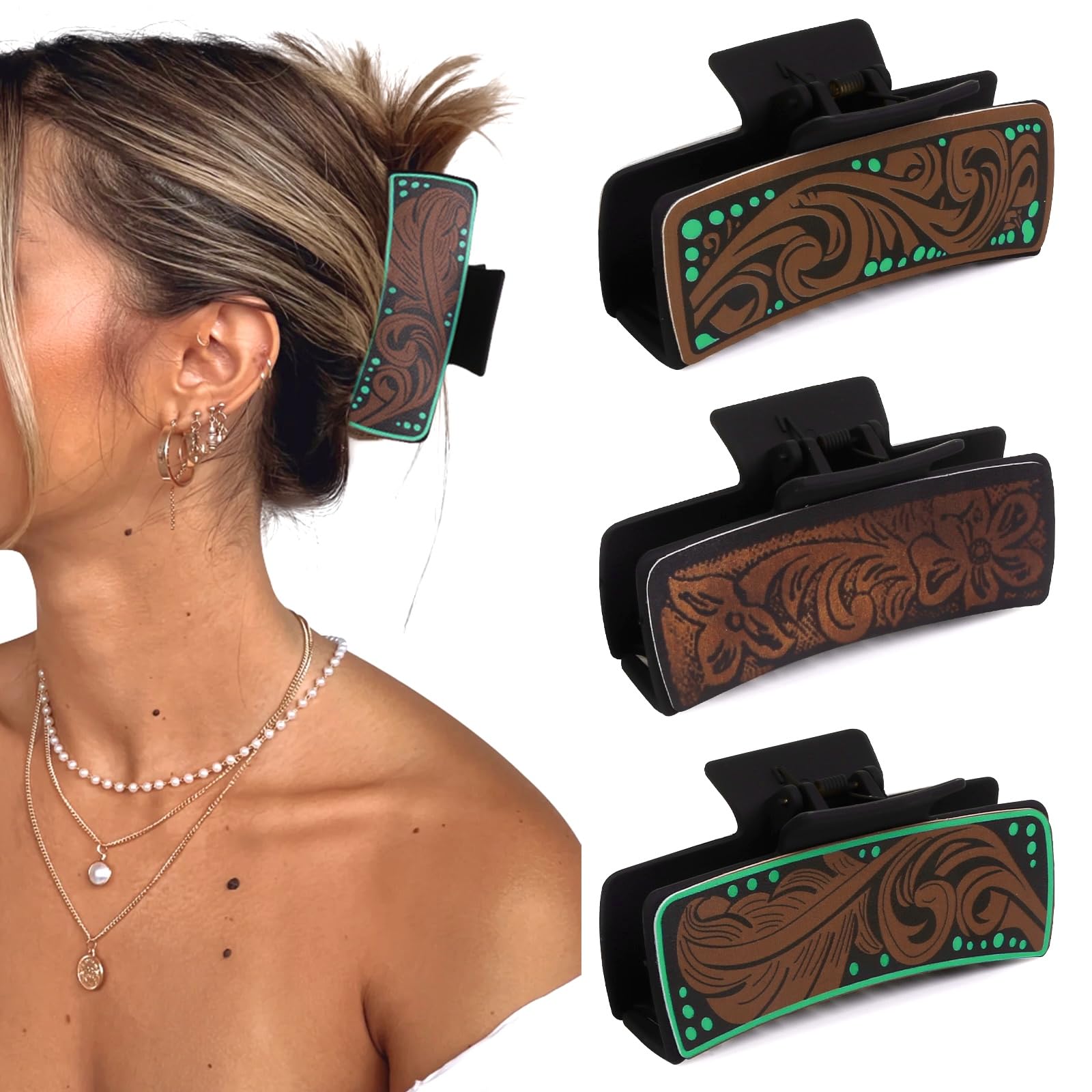 Tobeffect Hair Clips for Women — 4-Inch Leather Western Claw Clips (3 Pack)