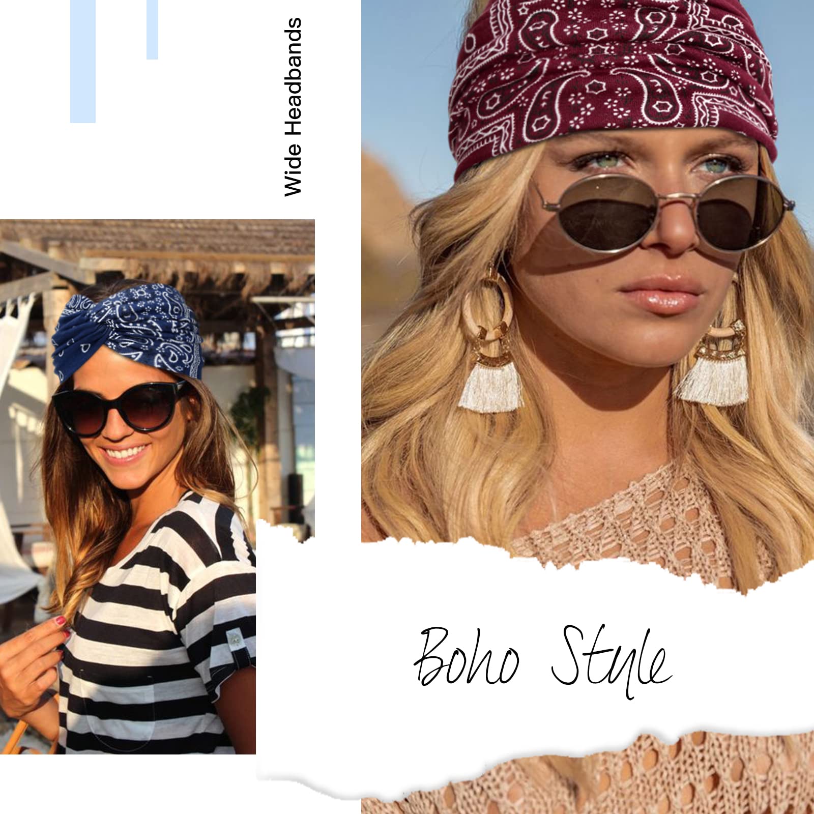 Tobeffect Wide Headbands for Women - 7in Boho Turban Headbands, 6 Pack