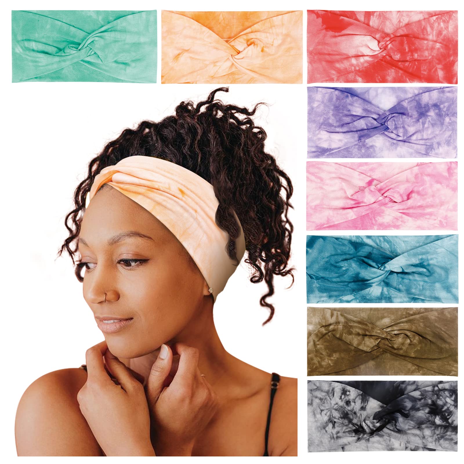 Tobeffect Turban Headbands for Women - 8 Pack Tie-Dye Twisted Knot Boho Stretchy Hair Accessories