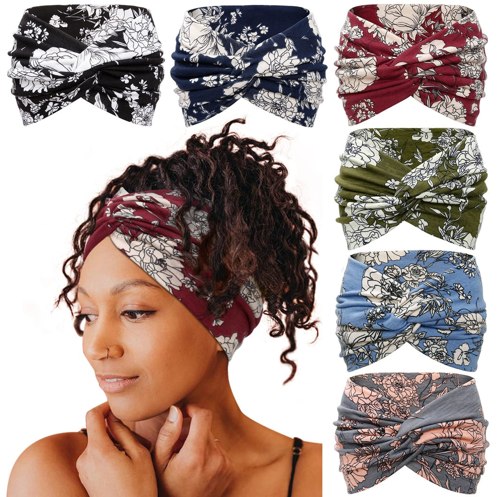 Tobeffect Wide Headbands for Women - 7-Inch Floral Turban Headbands (6 Pack) Boho Hair Accessories