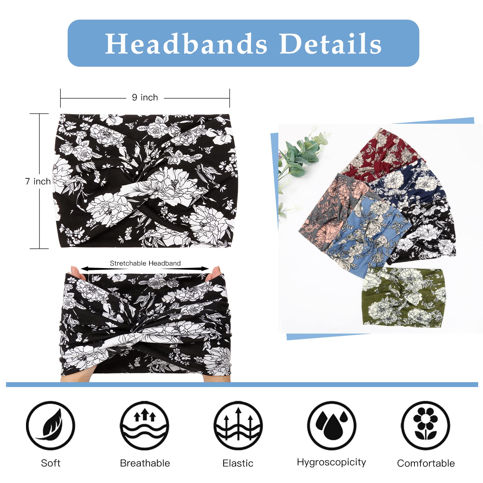 Tobeffect Wide Headbands for Women - 7-Inch Floral Turban Headbands (6 Pack) Boho Hair Accessories