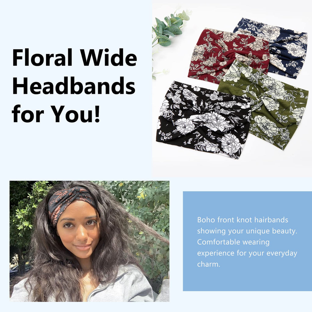 Tobeffect Wide Headbands for Women - 7-Inch Floral Turban Headbands (6 Pack) Boho Hair Accessories
